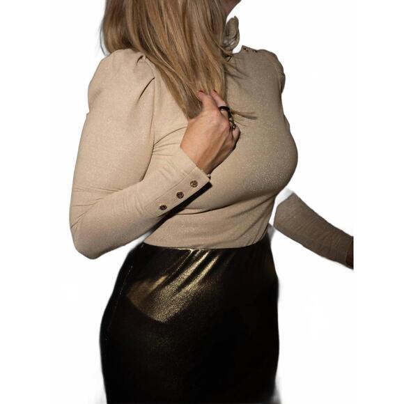 NEW EMILY MCCARTHY tessa turtleneck top in metallic gold knit